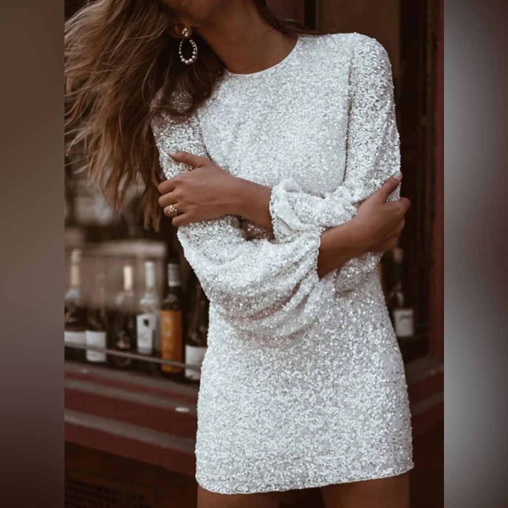SPARKLY LONG SLEEVE ROUND NECK SEQUIN MINI DRESS - WHITE